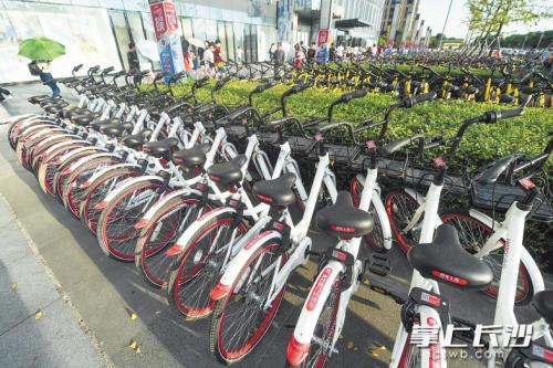 昨日下午,在開福區萬達廣場,成片的共享單車停放在廣場前坪。 長沙晚報記者 黃啟晴 攝 昨日下午,在開福區萬達廣場,成片的共享單車停放在廣場前坪。 長沙晚報記者 黃啟晴 攝