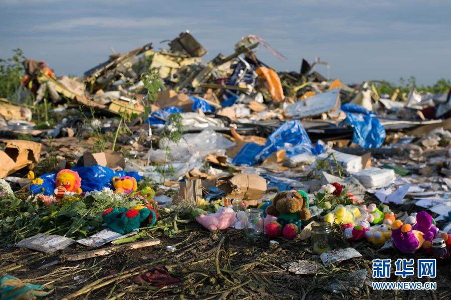 7月19日,在烏克蘭頓涅茨克州拉瑟普諾耶村附近,人們將玩具擺放在馬航MH17航班墜機現場。