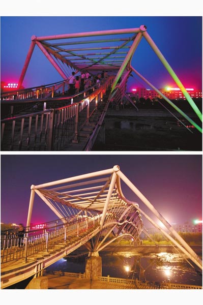 花園路西側東風渠景觀橋，上圖攝于7月31日晚間，下圖攝于10月9日晚間。